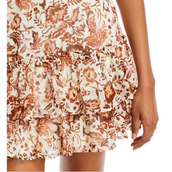 NWT Aqua Ivory Copper Pink Metallic Floral Short Tiered Mini Dress size M - Picture 4 of 10